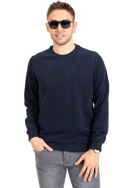 Erkek Klasik Regular Kalıp Pamuklu Selanik Yuvarlak Yaka Sweatshirt 1111-LACIVERT