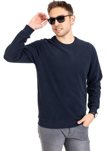 Erkek Klasik Regular Kalıp Pamuklu Selanik Yuvarlak Yaka Sweatshirt 1111-LACIVERT fiyatları