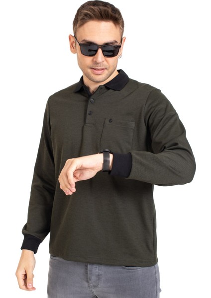 Erkek Orta Yaş ve Üzeri Polo Yaka Cepli Uzun Kollu Fitilli Mevsimlik Sweatshirt 1219-Haki Yeşili