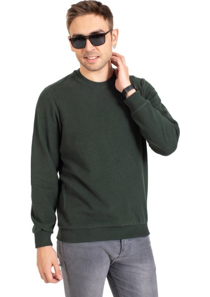 Erkek Klasik Regular Kalıp Pamuklu Selanik Yuvarlak Yaka Sweatshirt 1111-Haki Yeşili