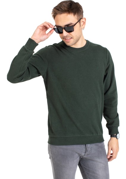 Erkek Klasik Regular Kalıp Pamuklu Selanik Yuvarlak Yaka Sweatshirt 1111-Haki Yeşili fiyatları