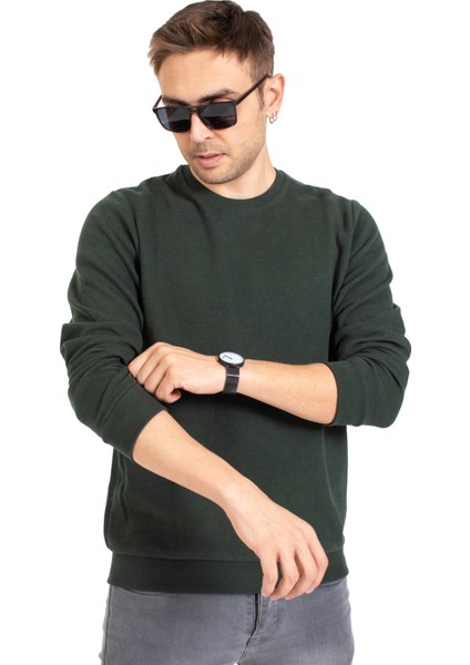 Erkek Klasik Regular Kalıp Pamuklu Selanik Yuvarlak Yaka Sweatshirt 1111-Haki Yeşili indirimleri