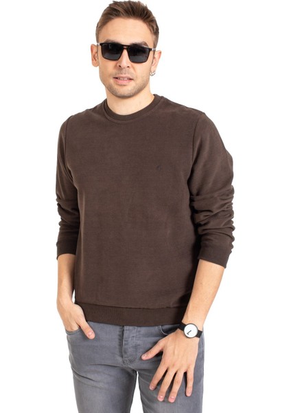 Erkek Klasik Regular Kalıp Pamuklu Selanik Yuvarlak Yaka Sweatshirt 1111-KAHVE Rengi