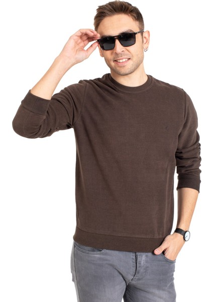 Erkek Klasik Regular Kalıp Pamuklu Selanik Yuvarlak Yaka Sweatshirt 1111-KAHVE Rengi fiyatları