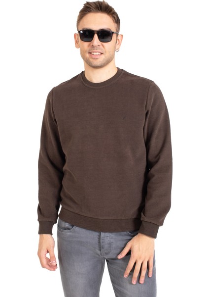 Erkek Klasik Regular Kalıp Pamuklu Selanik Yuvarlak Yaka Sweatshirt 1111-KAHVE Rengi modelleri