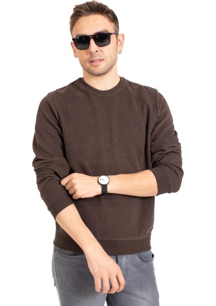 Erkek Klasik Regular Kalıp Pamuklu Selanik Yuvarlak Yaka Sweatshirt 1111-KAHVE Rengi indirimleri