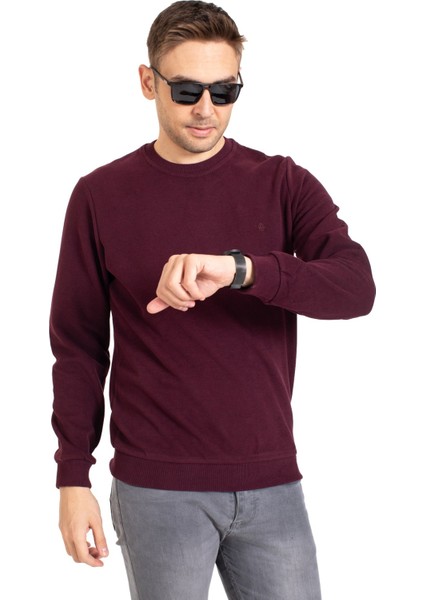 Erkek Klasik Regular Kalıp Pamuklu Selanik Yuvarlak Yaka Sweatshirt 1111-BORDO fırsatları
