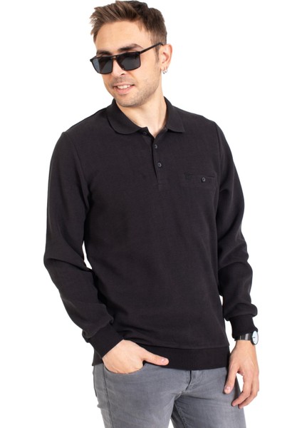 Erkek Klasik Regular Kalıp Pamuklu Selanik Polo Yaka Sweatshirt 1108-SIYAH