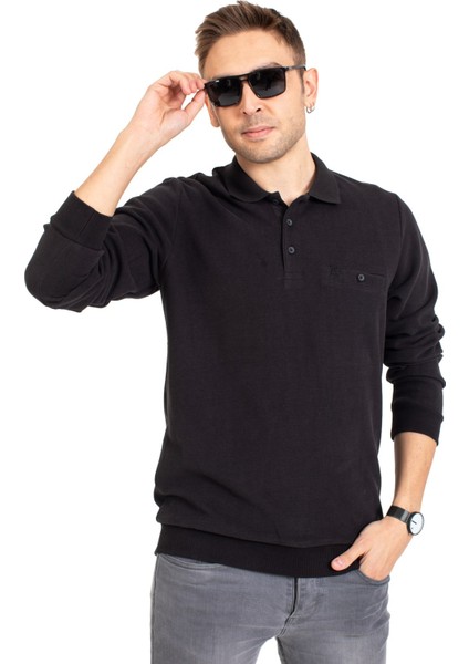 Erkek Klasik Regular Kalıp Pamuklu Selanik Polo Yaka Sweatshirt 1108-SIYAH fiyatları