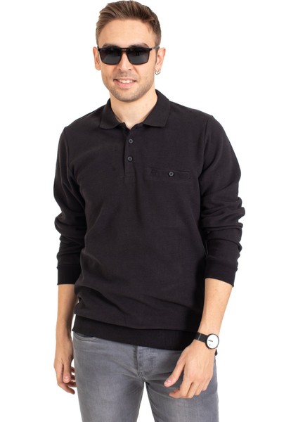 Erkek Klasik Regular Kalıp Pamuklu Selanik Polo Yaka Sweatshirt 1108-SIYAH modelleri