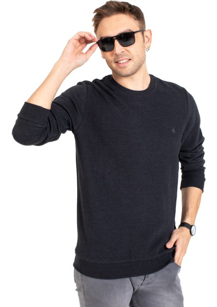 Erkek Klasik Regular Kalıp Pamuklu Selanik Yuvarlak Yaka Sweatshirt 1111-FÜME