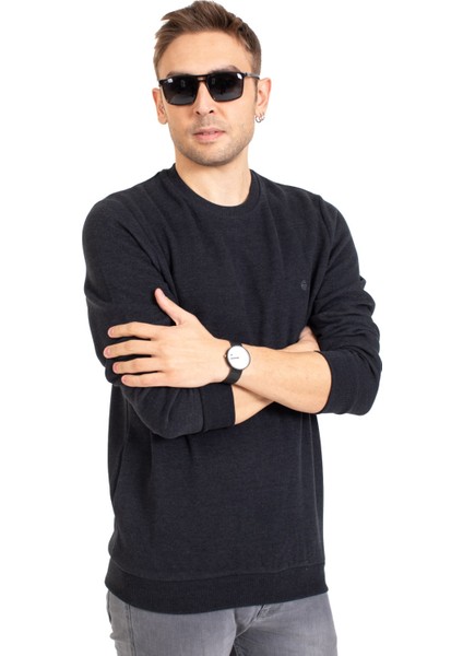 Erkek Klasik Regular Kalıp Pamuklu Selanik Yuvarlak Yaka Sweatshirt 1111-FÜME fırsatları