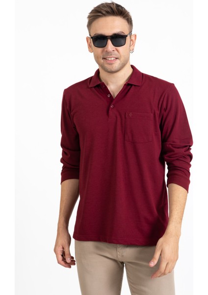 Erkek Orta Yaş ve Üzeri Polo Yaka Cepli Uzun Kollu Mevsimlik Sweatshirt 1103-Bordo