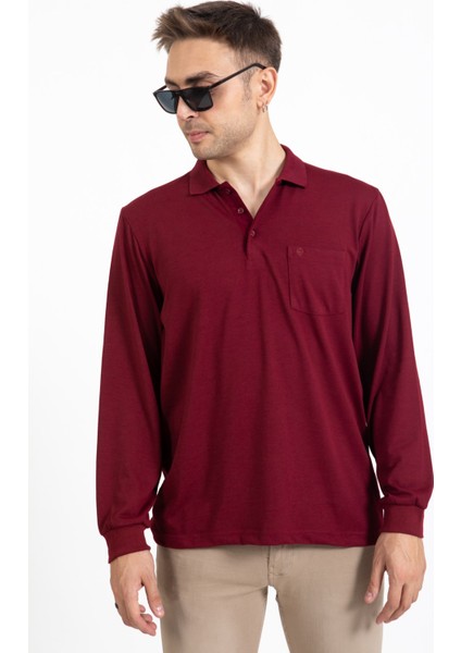 Erkek Orta Yaş ve Üzeri Polo Yaka Cepli Uzun Kollu Mevsimlik Sweatshirt 1103-Bordo fiyatları