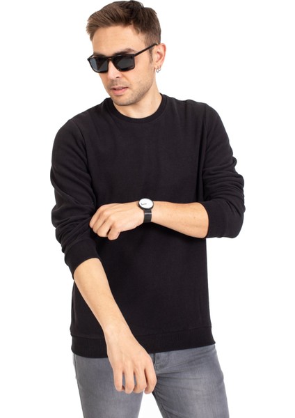 Erkek Klasik Regular Kalıp Pamuklu Selanik Yuvarlak Yaka Sweatshirt 1111-SIYAH