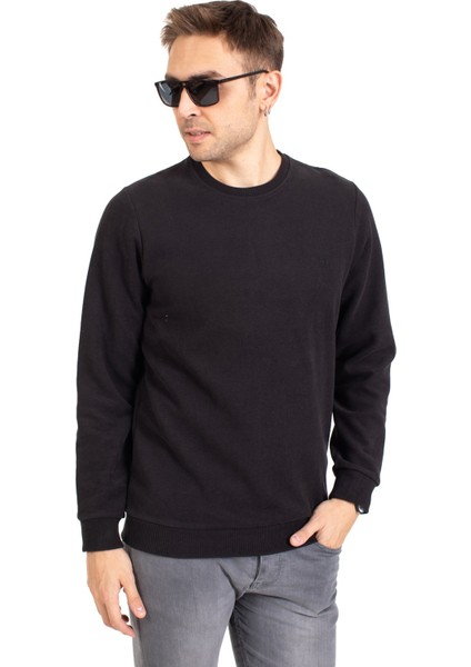 Erkek Klasik Regular Kalıp Pamuklu Selanik Yuvarlak Yaka Sweatshirt 1111-SIYAH fiyatları