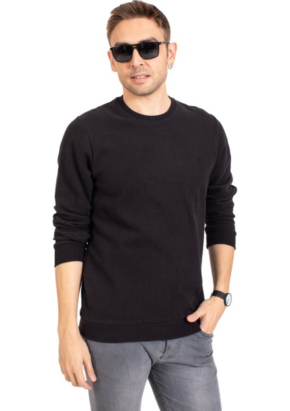 Erkek Klasik Regular Kalıp Pamuklu Selanik Yuvarlak Yaka Sweatshirt 1111-SIYAH modelleri