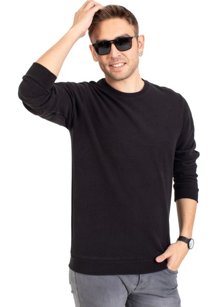 Erkek Klasik Regular Kalıp Pamuklu Selanik Yuvarlak Yaka Sweatshirt 1111-SIYAH fırsatları