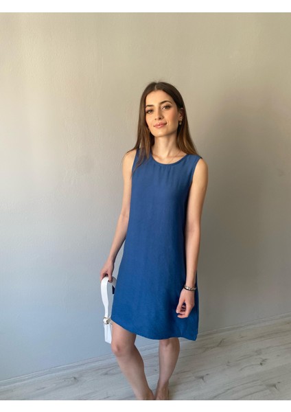 Lacivert Kolsuz Cepli Basic Pamuklu Kadın Elbise