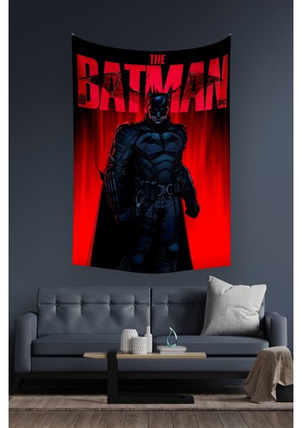 Mavi Batman temalı duvar örtüsü ve halısı, 140x100 cm, dikdörtgen, şık dekorasyon.