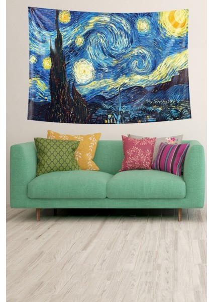 Yıldızlı Geceler Van Gogh Desenli Kadife Duvar Örtüsü 140x230 Mavi-Sarı