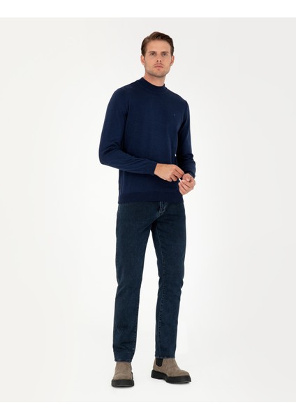 Pierre Cardin Erkek Açık Lacivert Slim Fit Çeyrek Yaka Basic Triko Kazak 50296613-VR059