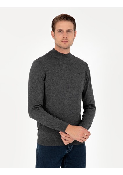 Pierre Cardin Erkek Antrasit Melanj Slim Fit Çeyrek Yaka Basic Triko Kazak 50296613-VR081