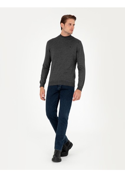 Pierre Cardin Erkek Antrasit Melanj Slim Fit Çeyrek Yaka Basic Triko Kazak 50296613-VR081