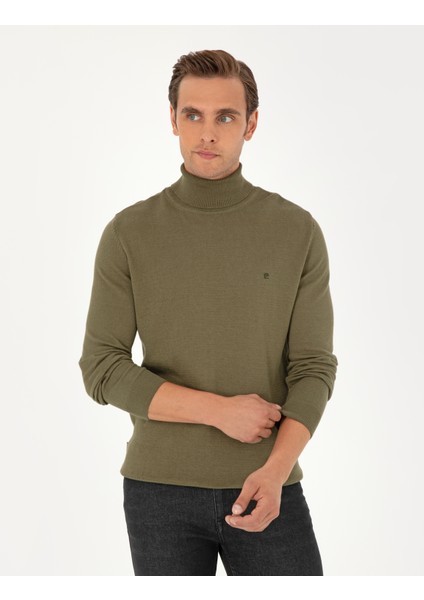 Pierre Cardin Erkek Koyu Haki Slim Fit Balıkçı Yaka Basic Triko Kazak 50296602-VR111