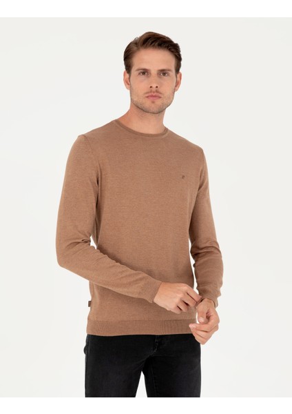 Pierre Cardin Erkek Camel Melanj Slim Fit Bisiklet Yaka Basic Triko Kazak 50296621-VR122