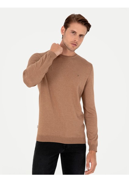 Pierre Cardin Erkek Camel Melanj Slim Fit Bisiklet Yaka Basic Triko Kazak 50296621-VR122