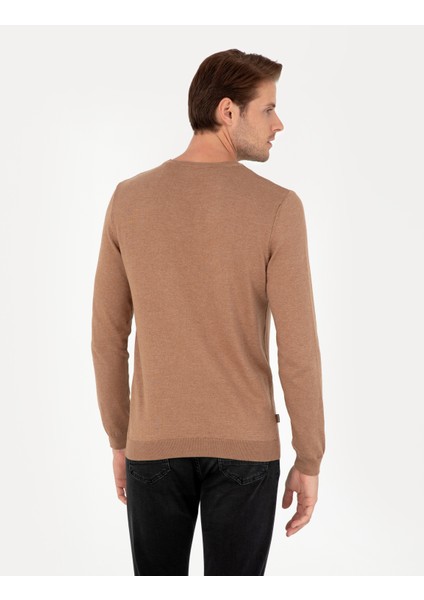 Pierre Cardin Erkek Camel Melanj Slim Fit Bisiklet Yaka Basic Triko Kazak 50296621-VR122