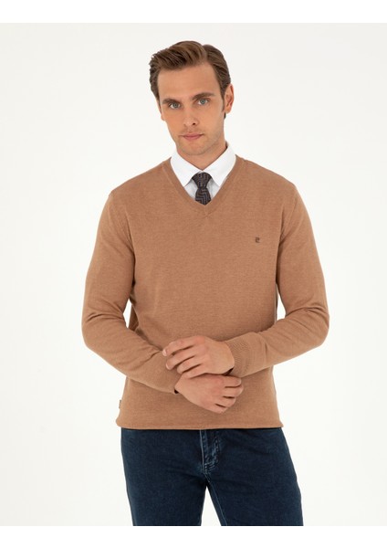 Erkek Camel Melanj Slim Fit V Yaka Basic Triko Kazak 50296622-VR122