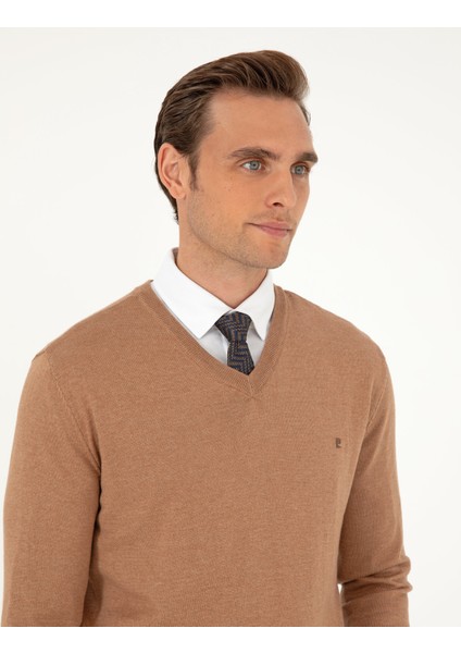 Erkek Camel Melanj Slim Fit V Yaka Basic Triko Kazak 50296622-VR122 fiyatları