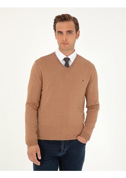 Erkek Camel Melanj Slim Fit V Yaka Basic Triko Kazak 50296622-VR122 modelleri