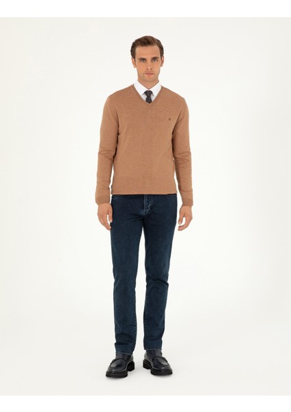 Erkek Camel Melanj Slim Fit V Yaka Basic Triko Kazak 50296622-VR122 fırsatları