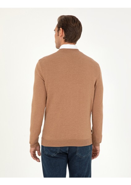 Erkek Camel Melanj Slim Fit V Yaka Basic Triko Kazak 50296622-VR122 indirimleri