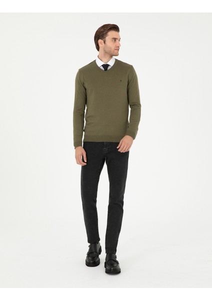 Pierre Cardin Erkek Koyu Haki Slim Fit V Yaka Basic Triko Kazak 50296622-VR111