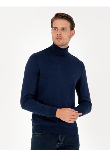 Pierre Cardin Erkek Açık Lacivert Slim Fit Balıkçı Yaka Basic Triko Kazak 50296602-VR059