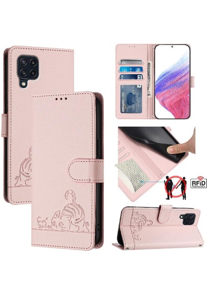 Samsung Galaxy M22 Kedi Rfıd Kart Yuvası Tutucu Kickstand Cüzdan (Yurt Dışından)