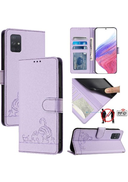 Samsung Galaxy A71 4g Kedi Rfıd Kart Yuvası Tutucu Kickstand Cüzdan (Yurt Dışından)
