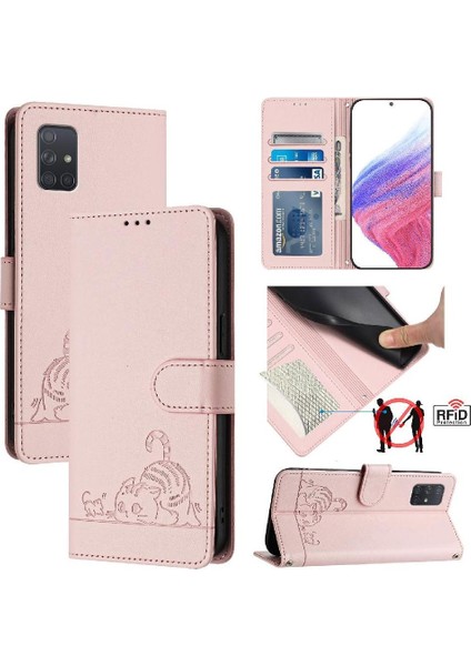 Samsung Galaxy A71 4g Kedi Rfıd Kart Yuvası Tutucu Kickstand Cüzdan (Yurt Dışından)