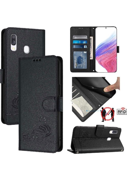 Samsung Galaxy A40 Kedi Rfıd Kart Yuvası Tutucu Kickstand Cüzdan (Yurt Dışından)