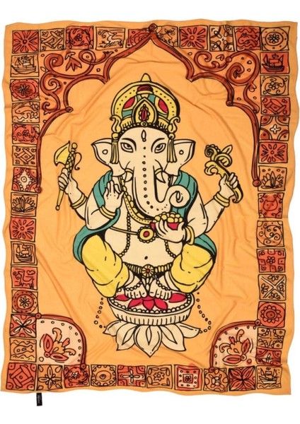 Turuncu Ganapati Mandala Duvar Örtüsü, Renkli ve Şekilli, 150x120 cm