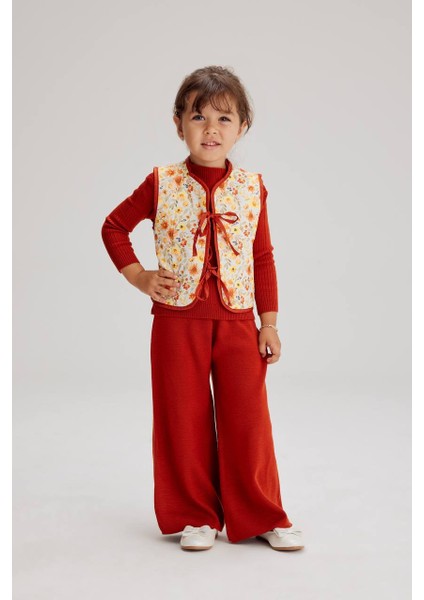 Kapitone Yelekli Triko Balıkçı Yaka Body Ve Triko Pantolon 3 Parçalı Alt Üst Takım / Set Kırmızı Renk