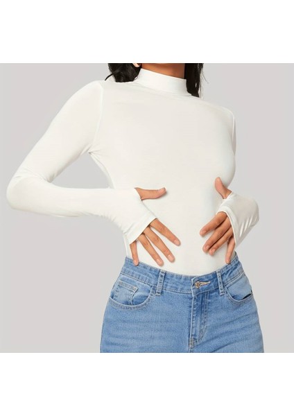 Beyaz Yarım Balıkçı Atlet Boy Parmak Geçmeli Body Darkalıp Interlok Penye Kumaş Spor Body
