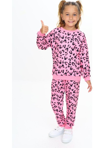 Yumuşak Dokulu 2 Iplik Fuşya Pembe Ton Leopar Baskılı Alt Üst Eşofman Takımı