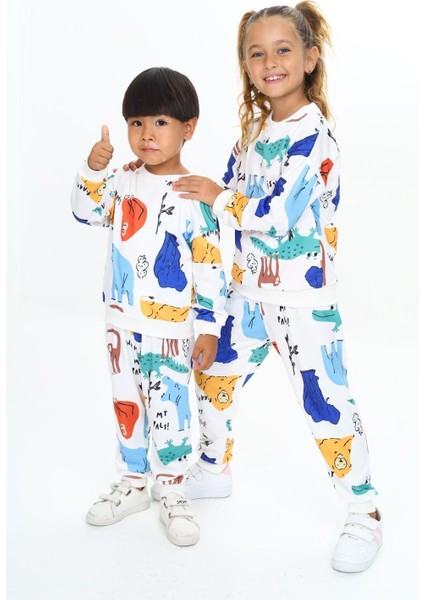 Yumuşak Dokulu 2 Iplik Orman Canlıları Karakter Baskılı Alt Üst Eşofman Takımı / Unisex Açık Renk