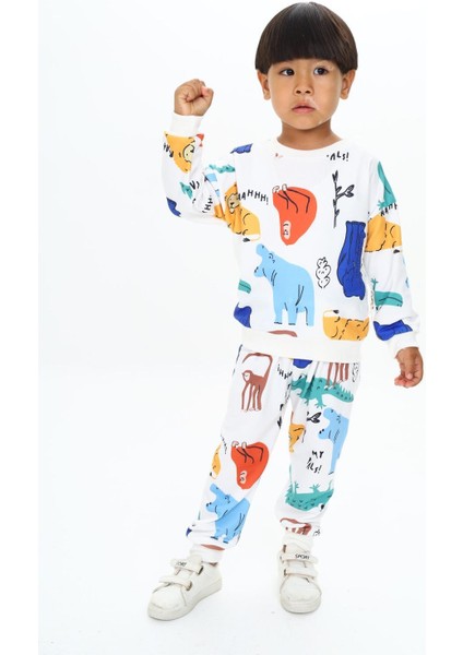Yumuşak Dokulu 2 Iplik Orman Canlıları Karakter Baskılı Alt Üst Eşofman Takımı / Unisex Açık Renk fiyatları