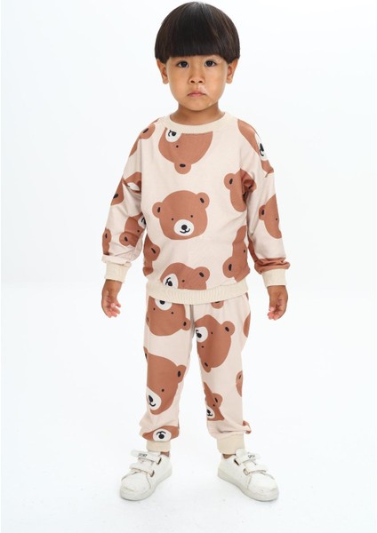 Yumuşak Dokulu 2 Iplik Kahve Tonlu Sevimli Karakter Baskılı Alt Üst Eşofman Takımı / Unisex fiyatları